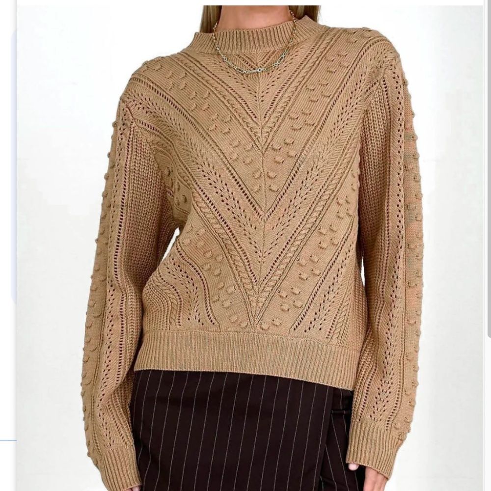 Dalilah Wool Blend‎ Chuncky Ribbed 3D Textured Knit Fall Camel Tan Sweater, S/M
